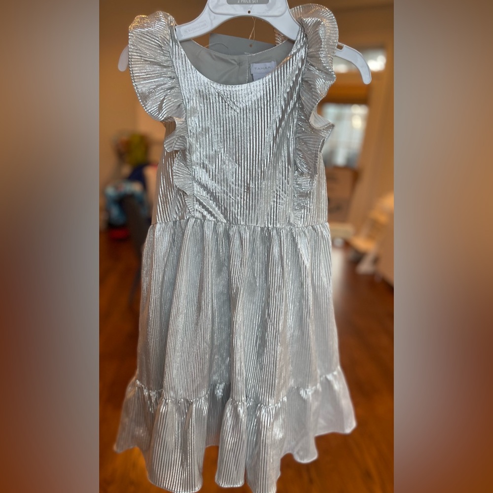 Girls silver frill Tahari dress with headband